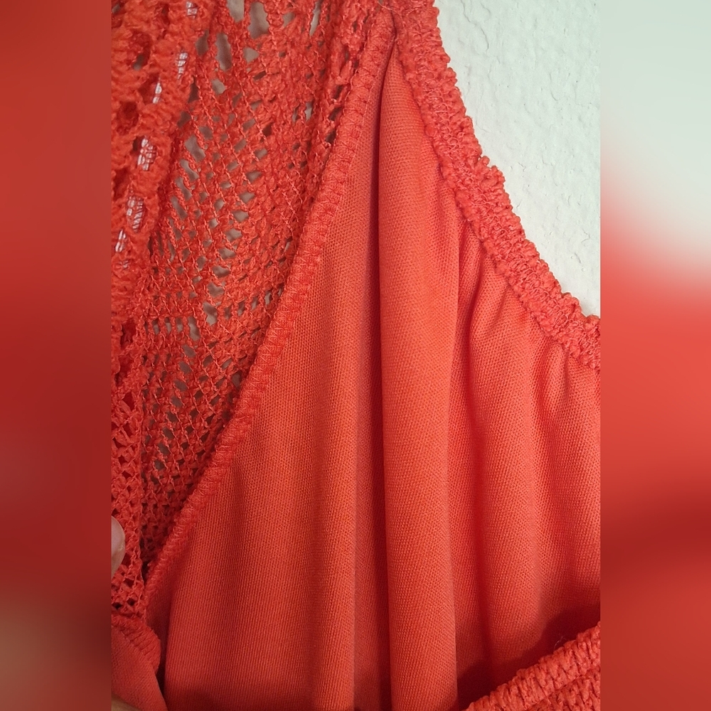 2tee Couture Bright Red Crochet Dress Size Large Open Flow Flutter Bell Sleeves - Picture 4 of 7
